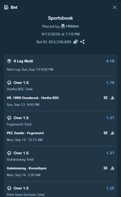Bet slip: PEC Zwolle - Feyenoord, $10,372.84 stake at 1.37 odds, placed by Hidden