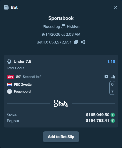 Bet slip: PEC Zwolle - Feyenoord, $165,000.00 stake at 1.18 odds, placed by Hidden