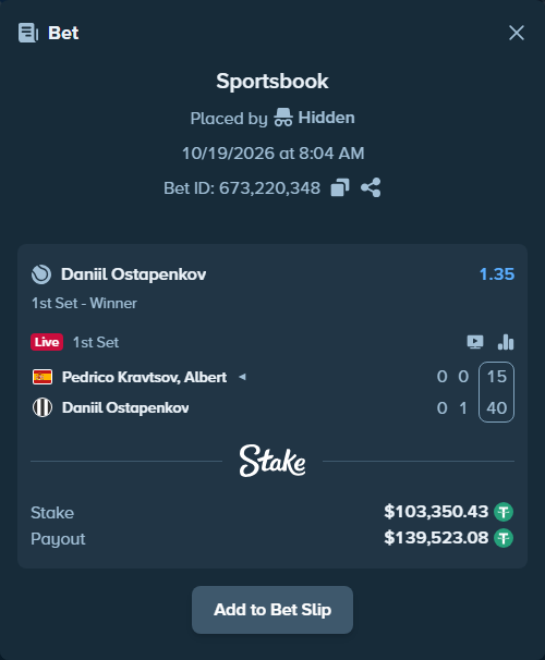 Bet slip: Pedrico Kravtsov, Albert - Daniil Ostapenkov, $103,453.78 stake at 1.35 odds, placed by Hidden