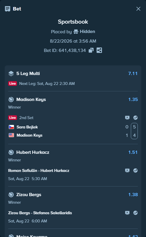 Bet slip: Pedro Martinez - Danill Glinka, $10,000.00 stake at 1.78 odds, placed by Hidden