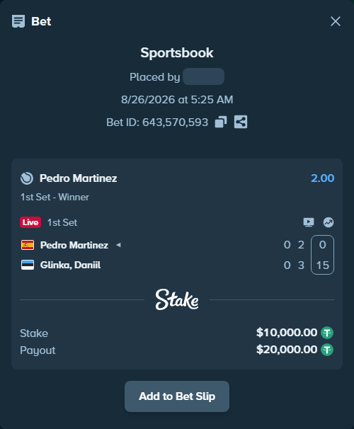 Bet slip: Pedro Martinez - Danill Glinka, $10,000.00 stake at 2.00 odds, placed by WinTr10