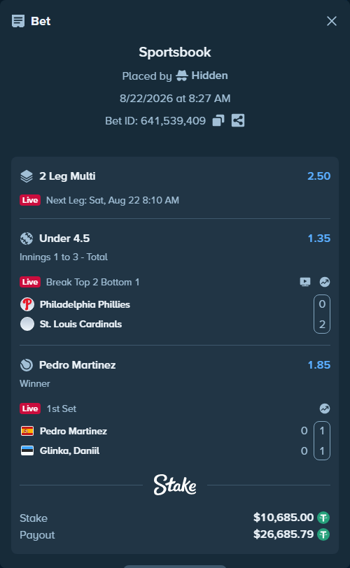 Bet slip: Pedro Martinez - Danill Glinka, $10,685.00 stake at 1.85 odds, placed by Hidden