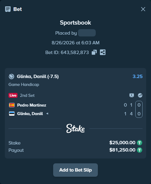 Bet slip: Pedro Martinez - Danill Glinka, $25,000.00 stake at 3.25 odds, placed by Zubkov1
