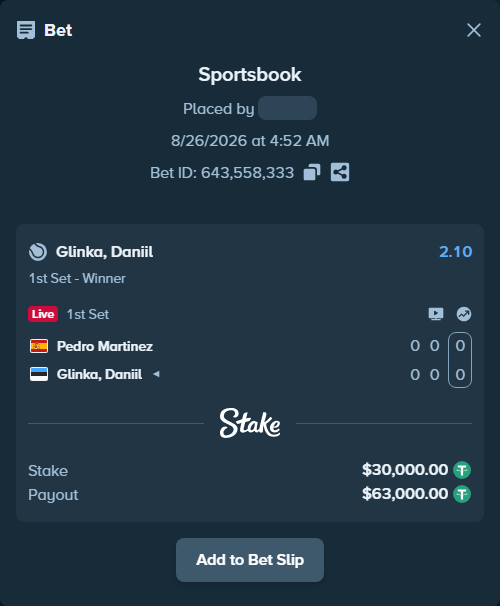 Bet slip: Pedro Martinez - Danill Glinka, $30,000.00 stake at 2.10 odds, placed by Zubkov1