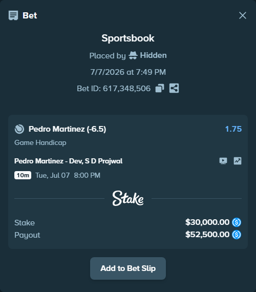 Bet slip: Pedro Martinez - Dev, S D Prajwal, $30,000.00 stake at 1.75 odds, placed by Hidden