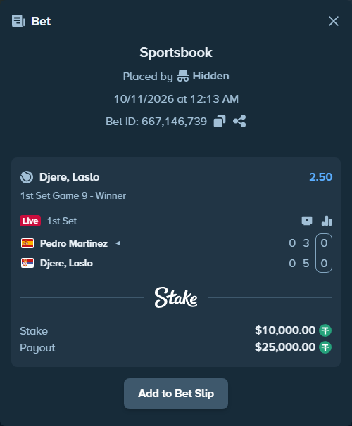 Bet slip: Pedro Martinez - Djere, Laslo, $10,010.00 stake at 2.50 odds, placed by Hidden
