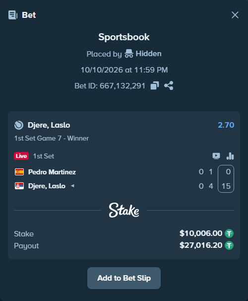 Bet slip: Pedro Martinez - Djere, Laslo, $10,016.01 stake at 2.70 odds, placed by Hidden