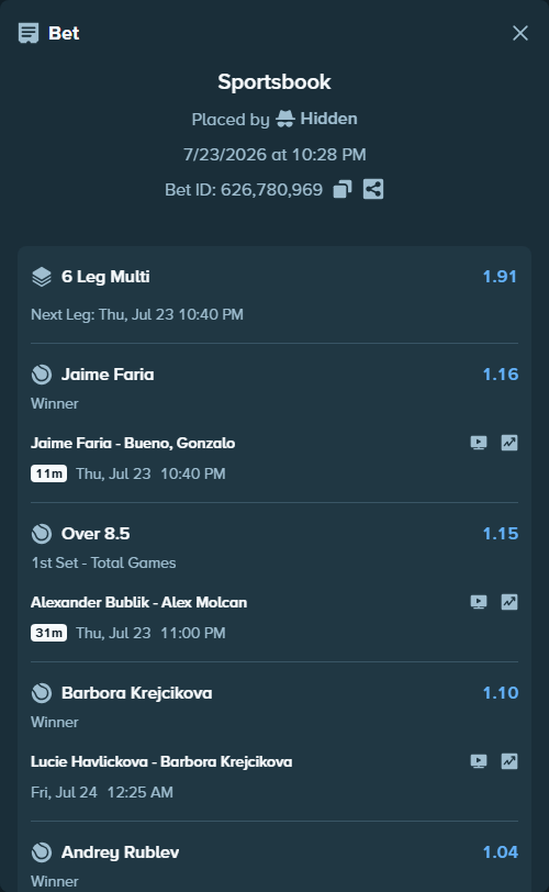 Bet slip: Pedro Martinez - Luciano Darderi, $100,100.00 stake at 1.11 odds, placed by Hidden