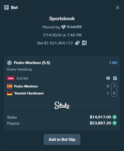 Bet slip: Pedro Martinez - Yannick Hanfmann, $14,931.92 stake at 1.60 odds, placed by Kriski99
