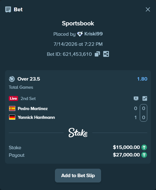 Bet slip: Pedro Martinez - Yannick Hanfmann, $15,015.00 stake at 1.80 odds, placed by Kriski99