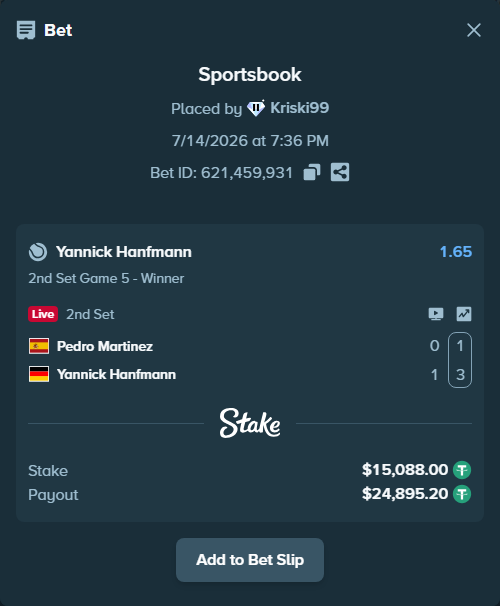 Bet slip: Pedro Martinez - Yannick Hanfmann, $15,103.09 stake at 1.65 odds, placed by Kriski99