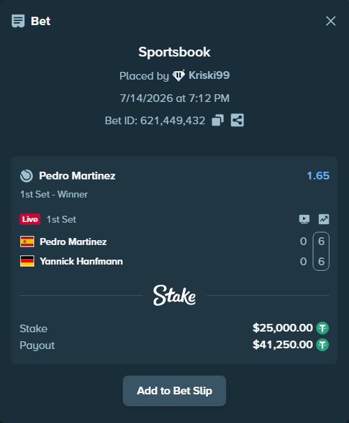 Bet slip: Pedro Martinez - Yannick Hanfmann, $25,025.00 stake at 1.65 odds, placed by Kriski99