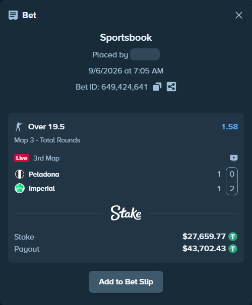 Bet slip: Peladona - Imperial, $27,657.00 stake at 1.58 odds, placed by saszakoncza