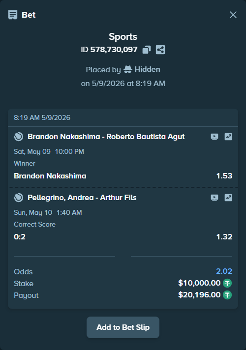 Bet slip: Pellegrino, Andrea - Arthur Fils, $10,000.00 stake at 1.32 odds, placed by Christiantw