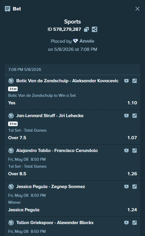Bet slip: Pellegrino, Andrea - Arthur Fils, $125,000.00 stake at 1.09 odds, placed by Azuulu