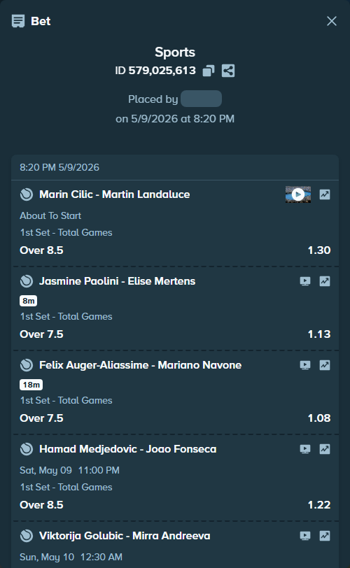 Bet slip: Pellegrino, Andrea - Arthur Fils, $192,918.31 stake at 1.09 odds, placed by Azuulu