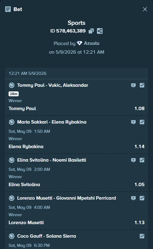 Bet slip: Pellegrino, Andrea - Arthur Fils, $250,000.00 stake at 1.09 odds, placed by Azuulu
