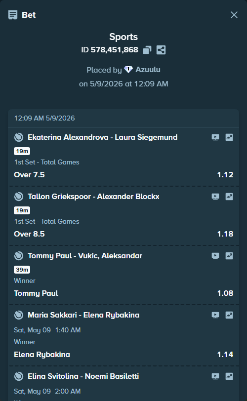 Bet slip: Pellegrino, Andrea - Arthur Fils, $53,893.03 stake at 1.09 odds, placed by Azuulu
