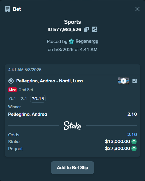 Bet slip: Pellegrino, Andrea - Nardi, Luca, $13,000.00 stake at 2.10 odds, placed by Regenergy