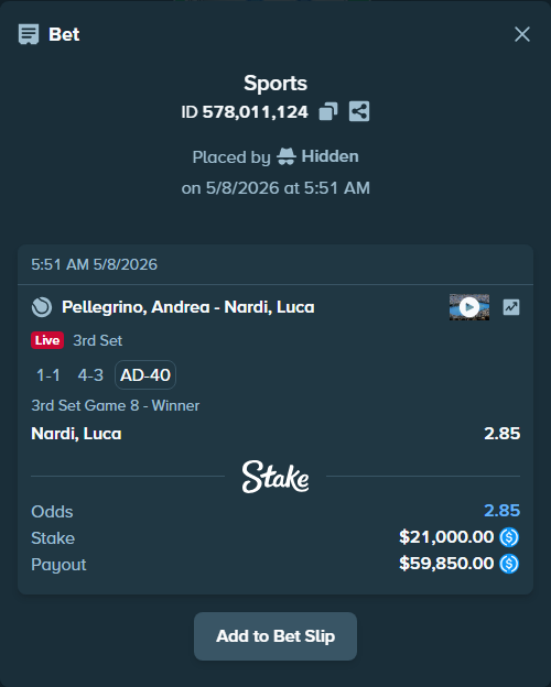 Bet slip: Pellegrino, Andrea - Nardi, Luca, $21,000.00 stake at 2.85 odds, placed by Hidden