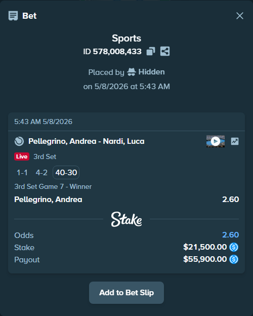 Bet slip: Pellegrino, Andrea - Nardi, Luca, $21,500.00 stake at 2.60 odds, placed by Hidden