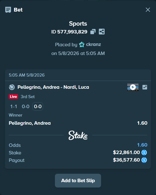 Bet slip: Pellegrino, Andrea - Nardi, Luca, $22,861.00 stake at 1.60 odds, placed by ckranz