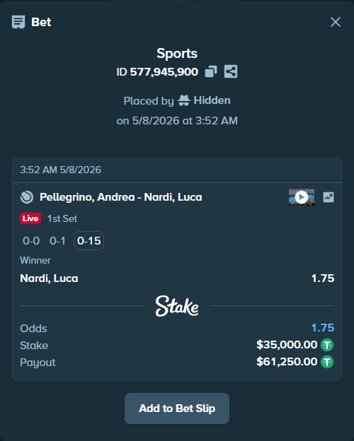 Bet slip: Pellegrino, Andrea - Nardi, Luca, $35,000.00 stake at 1.75 odds, placed by Hidden
