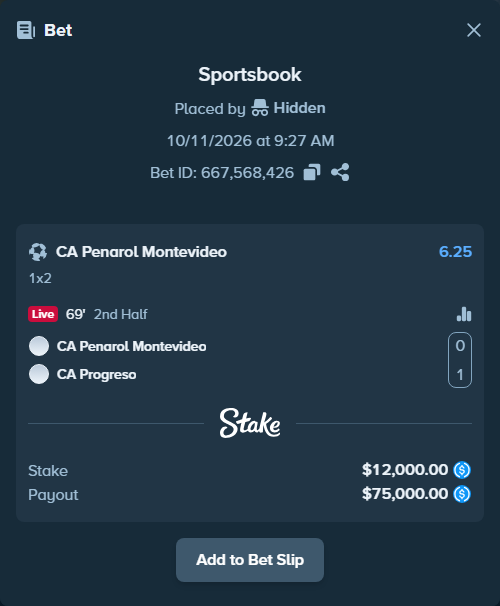 Bet slip: Penarol - CA Progreso, $12,000.00 stake at 6.25 odds, placed by Hidden