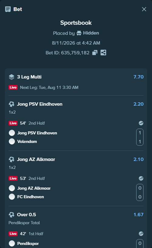 Bet slip: Pendikspor - Batman Petrolspor, $31,718.73 stake at 1.67 odds, placed by Hidden