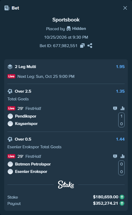 Bet slip: Pendikspor - Kayserispor, $180,839.66 stake at 1.35 odds, placed by Hidden