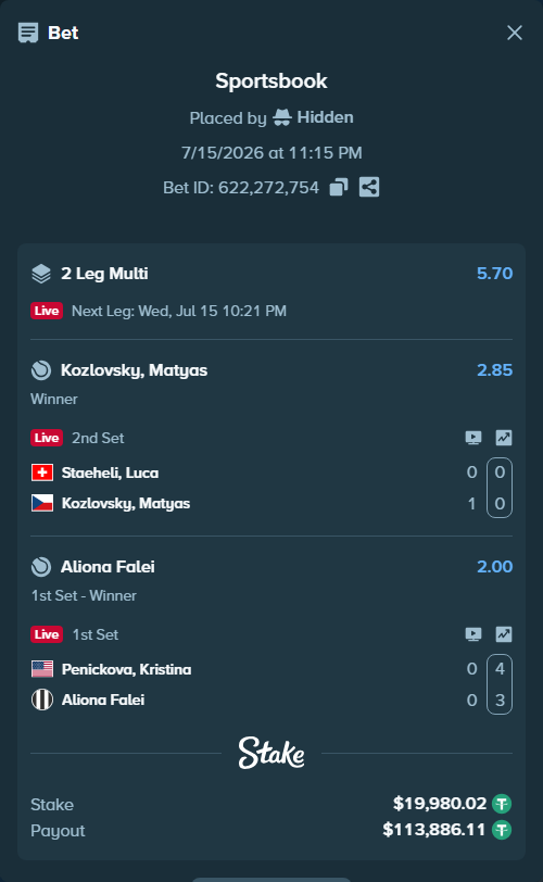 Bet slip: Penickova, Kristina - Aliona Falei, $20,000.00 stake at 2.00 odds, placed by Hidden