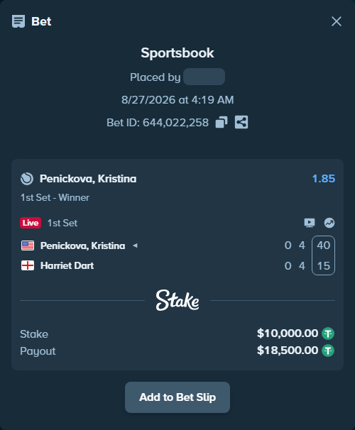 Bet slip: Penickova, Kristina - Harriet Dart, $10,000.00 stake at 1.85 odds, placed by WinTr10