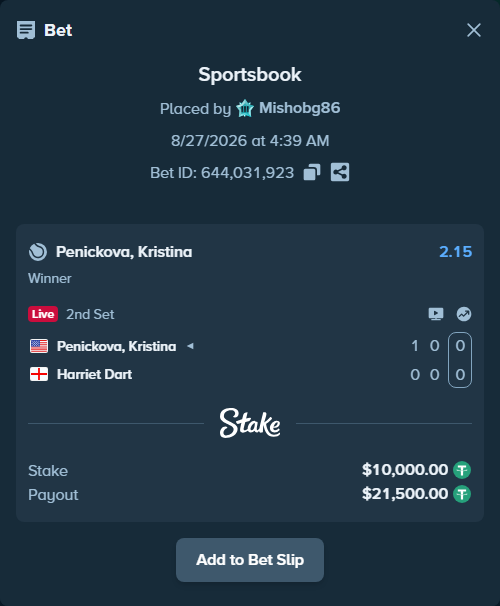 Bet slip: Penickova, Kristina - Harriet Dart, $10,000.00 stake at 2.15 odds, placed by Mishobg86