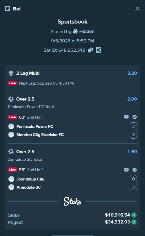 Bet slip: Peninsula Power FC - Moreton City Excelsior FC, $10,915.45 stake at 2.00 odds, placed by Hidden