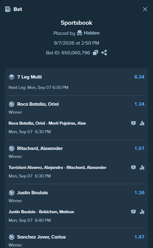 Bet slip: Peniston, Ryan - Danill Glinka, $10,000.00 stake at 1.30 odds, placed by Hidden
