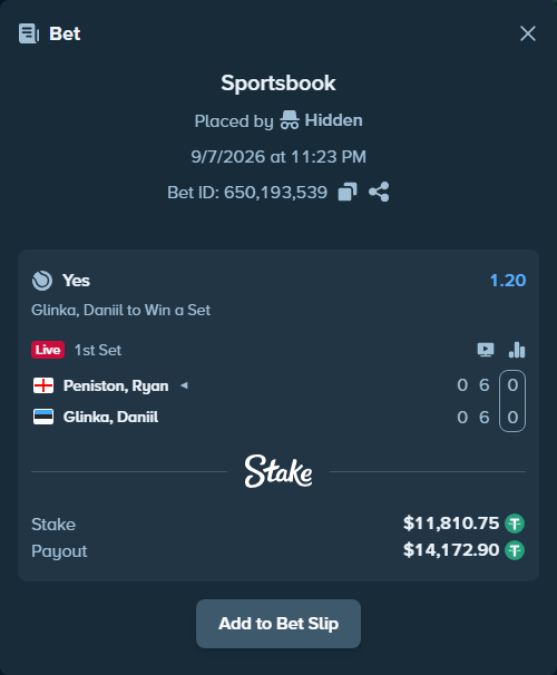 Bet slip: Peniston, Ryan - Danill Glinka, $11,810.75 stake at 1.20 odds, placed by Hidden
