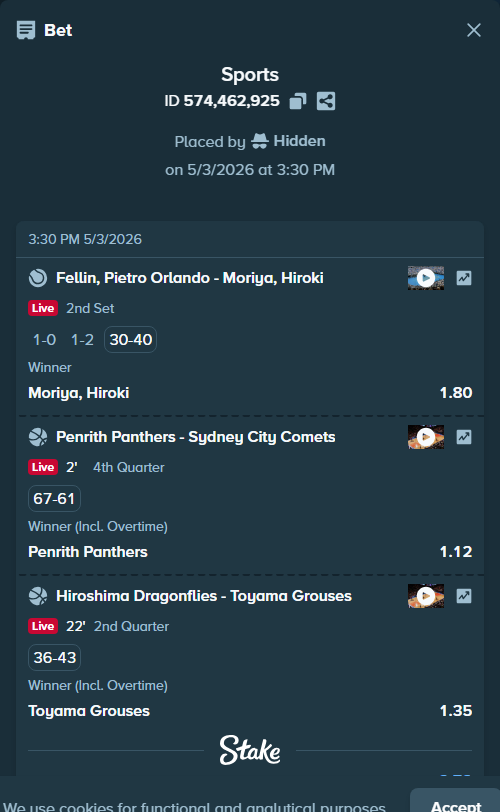 Bet slip: Penrith Panthers - Sydney City Comets, $19,732.00 stake at 1.12 odds, placed by Hidden