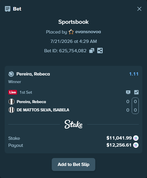Bet slip: Pereira, Rebeca - DE MATTOS SILVA, ISABELA, $10,319.14 stake at 1.11 odds, placed by evansnovoa