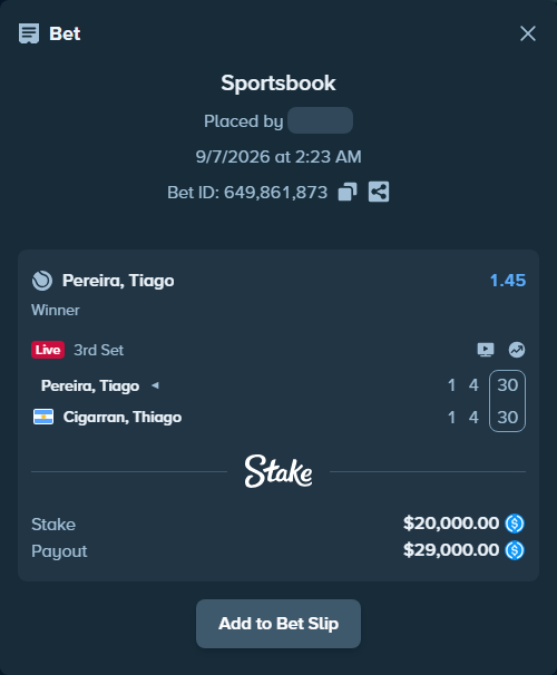 Bet slip: Pereira, Tiago - Cigarran, Thiago, $20,000.00 stake at 1.45 odds, placed by kuwkuw