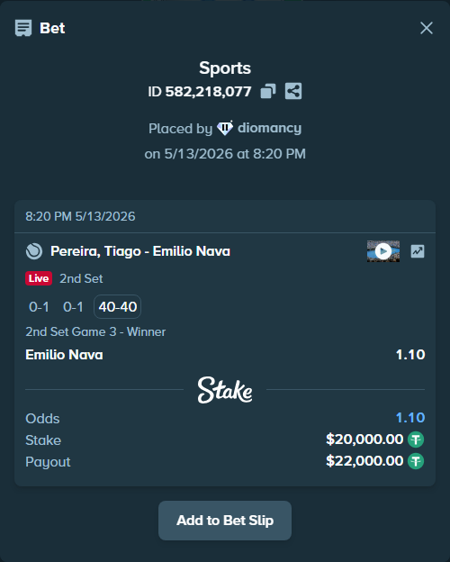 Bet slip: Pereira, Tiago - Emilio Nava, $20,000.00 stake at 1.10 odds, placed by diomancy