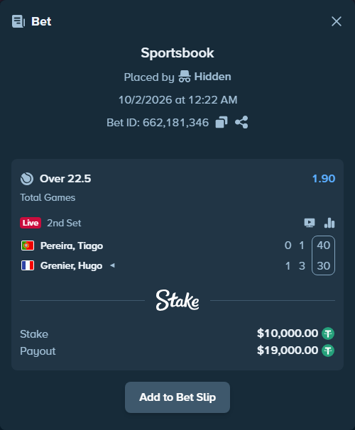 Bet slip: Pereira, Tiago - Grenier, Hugo, $10,000.00 stake at 1.90 odds, placed by Hidden