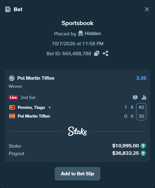 Bet slip: Pereira, Tiago - Pol Martin Tiffon, $10,991.70 stake at 3.35 odds, placed by Hidden