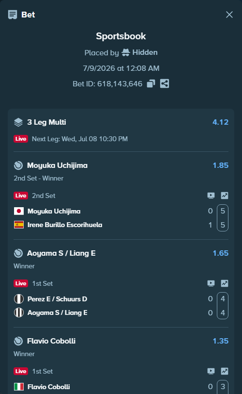 Bet slip: Perez E / Schuurs D - Aoyama S / Liang E-, $10,000.00 stake at 1.65 odds, placed by Hidden