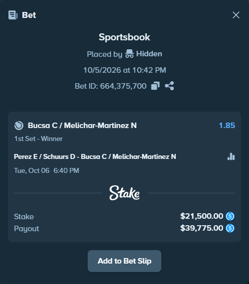 Bet slip: Perez E / Schuurs D - Bucsa C / Melichar-Martinez N, $21,500.00 stake at 1.85 odds, placed by Hidden