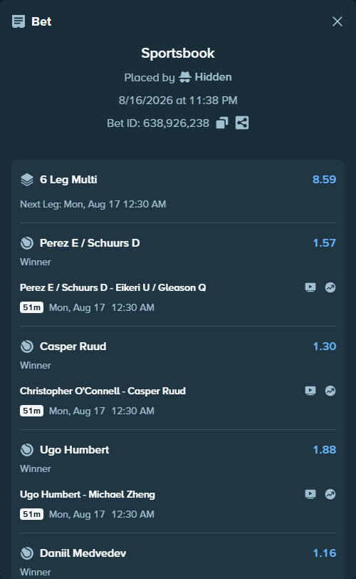 Bet slip: Perez E / Schuurs D - Eikeri U / Gleason Q, $15,000.00 stake at 1.57 odds, placed by Hidden