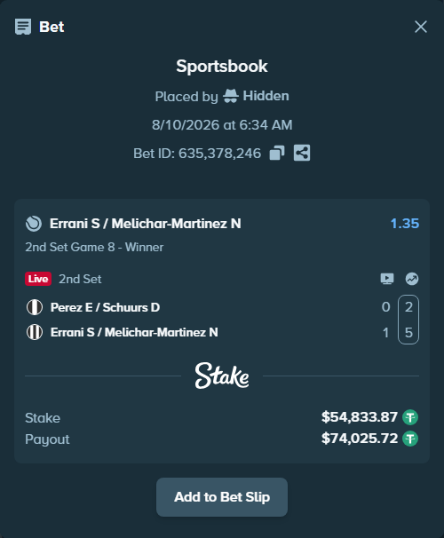 Bet slip: Perez E / Schuurs D - Errani S / Melichar-Martinez N, $54,888.70 stake at 1.35 odds, placed by Hidden