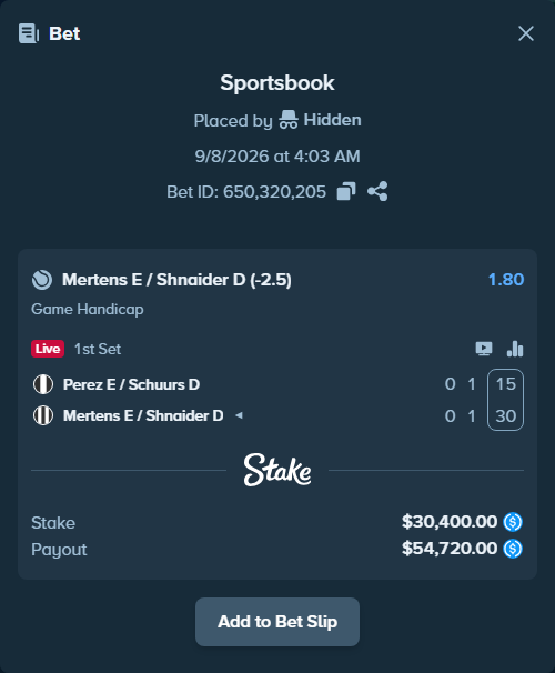 Bet slip: Perez E / Schuurs D - Mertens E / Shnaider D, $30,400.00 stake at 1.80 odds, placed by Hidden