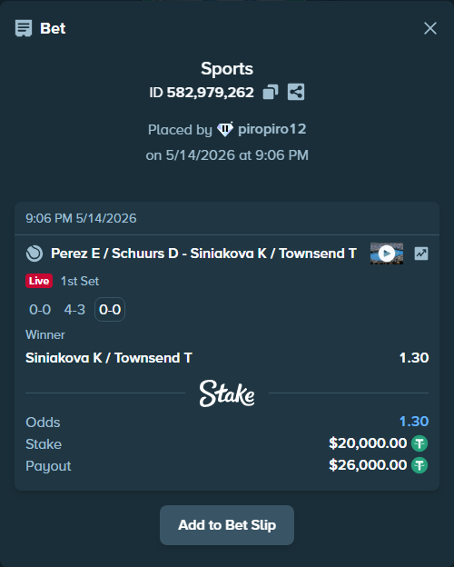 Bet slip: Perez E / Schuurs D - Siniakova K / Townsend T, $20,000.00 stake at 1.30 odds, placed by piropiro12