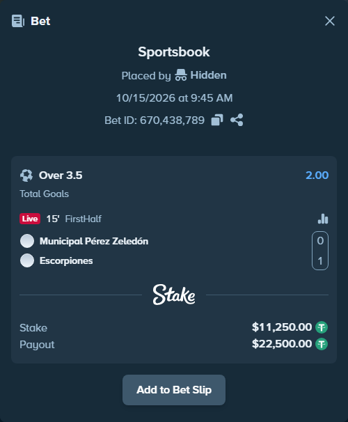 Bet slip: Perez Zeledon - CD Escorpiones Belen, $11,261.25 stake at 2.00 odds, placed by Hidden