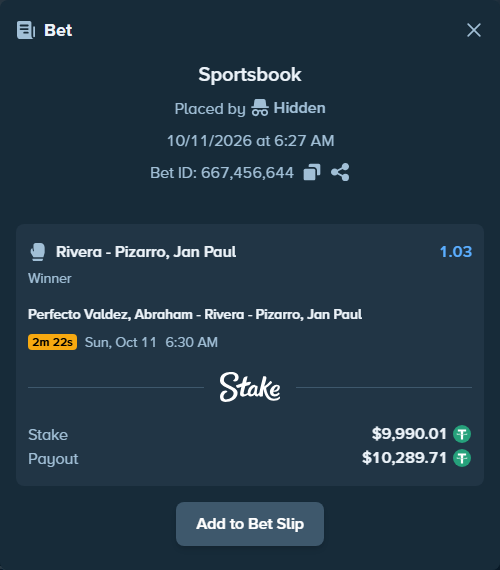Bet slip: Perfecto Valdez, Abraham - Rivera - Pizarro, Jan Paul, $10,000.00 stake at 1.03 odds, placed by korehato